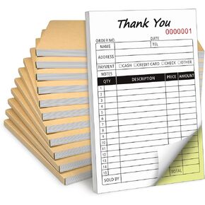 10 Pack Receipt Book, 2-Part Carbonless Sales Invoice Book with Cardboard Copies for Small Boutique Business, (8.3x5.5 Inches, 50 Sets*10) (Invoice)