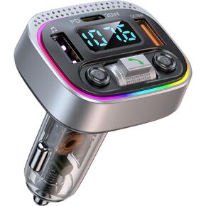 Bluetooth Adapter for Car, Type-C PD 20W+ QC3.0 Fast USB Charger,Wireless FM Radio Transmitter, Handsfree Calling & Audio Receiver, MP3 Music Player, 7 Colors LED Backlit