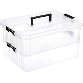 JUXYES 2-Tiers Stack Carry Storage Box With Handle, Transparent Stackable Storage Bin With Handle Lid Latching Storage Container for School & Office Supplies