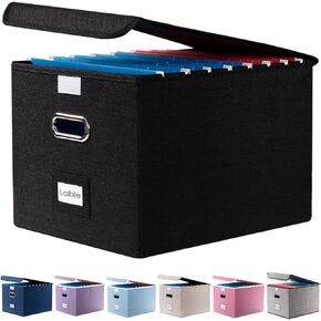 PRANDOM File Organizer Box - Set of 4 Collapsible Decorative Linen Filing Storage Hanging File Folders with Lids Office Cabinet Letter Size (15x12.2x10.75 inch)