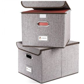 PRANDOM File Organizer Box - Set of 4 Collapsible Decorative Linen Filing Storage Hanging File Folders with Lids Office Cabinet Letter Size (15x12.2x10.75 inch)