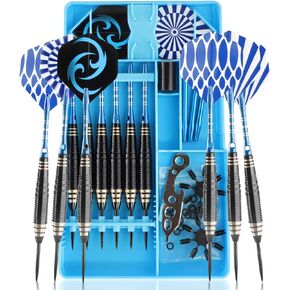 Steel Tip Darts Set 24g with Carrying case and Extra Accessories, Black/Blue/Green