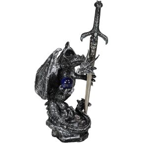 Ebros Gift Legendary Silver Dragon Carrying Magical Orb and Excalibur Sword Letter Opener Figurine Sculpture Home and Office Decorative Sculpture Medieval Renaissance Dungeons and Dragons Fantasy