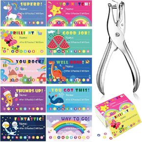 200 Pcs Behavior Punch Cards with Hole Puncher for Kids Reward Chart for Kids Loyalty Cards for Classroom Students Teachers Business Kids Behavior 3.5 x 2 Inch, 10 Styles (Bright Style)