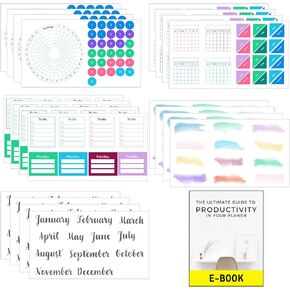 Ultimate Productivity Stickers Set - Large Value Pack of 20 Planner Sticker Sheets - Calendars, To Do Lists, Habit Trackers, Goals - Accessories & Supplies for Dot Grid Journals by Sunny Streak