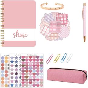 Journal Planner Kit Accessories with Bracelet, Notebook, Sticker, Pen, Pink Sticky Notes, and Pencil Case for Beginner Women and Teen Girls