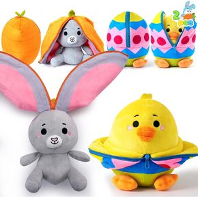 JOYIN 2 PCS Easter Stuffed Animal Plush Hiding Bunny Chick, Floppy Rabbit Ear Chick Wing Plushie with Zipper, Hide Carrot Egg Pillow, Reversible Easter Stuffed Animals, Soft Plush Toy Gifts for Kids