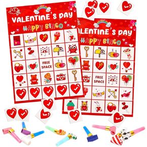 Valentine’s Day Bingo Game for Kids, Bingo Cards with 32 Players & 10 Pcs Party Blowers for Valentine Party Games, Valentine Crafts School Classroom Party Favor Activities,Holiday Party Craft Supplies