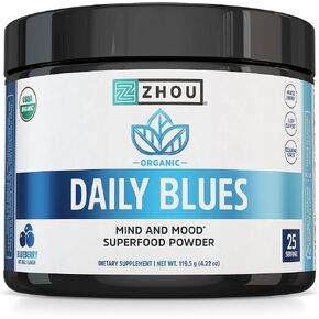 Zhou Nutrition USDA Organic Blue Spirulina Powder with KSM-66 Ashwagandha and Blueberry, Organic Superfood Powder, Antioxidants, Fiber, Mental Energy, Sleep, Digestion, Non-GMO, Vegan, 25 Servings