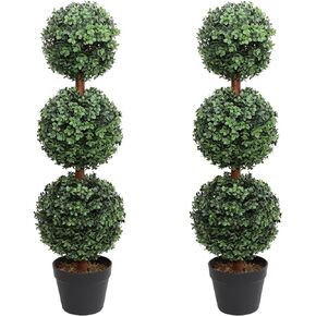 Artificial Topiary Ball Tree, 35inch Fake Topiaries Triple Ball Trees, Hold Nature 2Pack Faux Boxwood Plants Potted for Indoor Outdoor Decor (Set of 2)