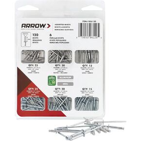 مجموعة متنوعة من Arrow RK6120 Pop Rivet للمعادن والنسيج والجلود وإصلاح السيارات والألمنيوم والفولاذ، 1/8 بوصة، 120 حزمة