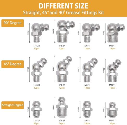 VIGRUE Grease Fittings, 245 Pieces SAE & Metric Grease Fitting Assortment Kit, Standard Grease Fittings Grease Zerks, Straight and Angled Perfect for Replacing Missing or Broken Zerk Fitting in Saudi Arabia