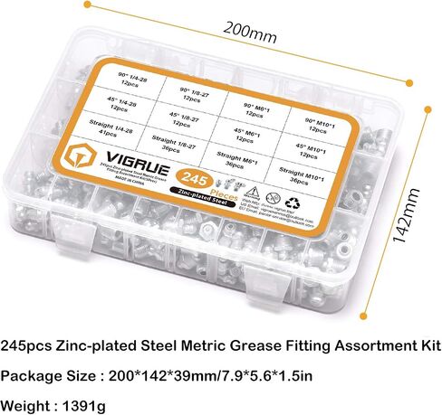 VIGRUE Grease Fittings, 245 Pieces SAE & Metric Grease Fitting Assortment Kit, Standard Grease Fittings Grease Zerks, Straight and Angled Perfect for Replacing Missing or Broken Zerk Fitting in Saudi Arabia