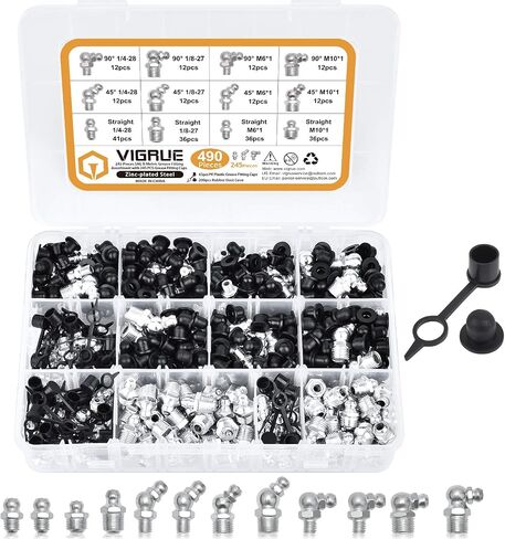 VIGRUE Grease Fittings, 245 Pieces SAE & Metric Grease Fitting Assortment Kit, Standard Grease Fittings Grease Zerks, Straight and Angled Perfect for Replacing Missing or Broken Zerk Fitting in Saudi Arabia