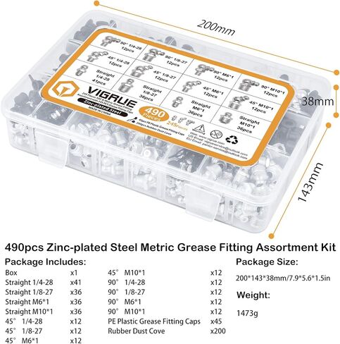 VIGRUE Grease Fittings, 245 Pieces SAE & Metric Grease Fitting Assortment Kit, Standard Grease Fittings Grease Zerks, Straight and Angled Perfect for Replacing Missing or Broken Zerk Fitting in Saudi Arabia