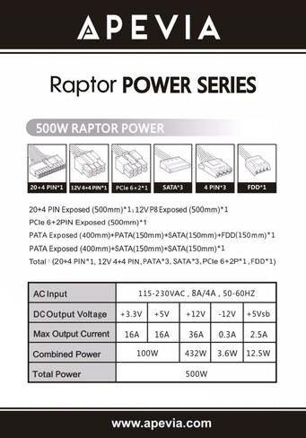 Apevia RAPTOR500W Raptor 500W ATX Power Supply with 120MM Black Fan in Saudi Arabia