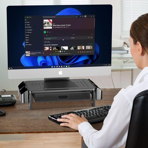 حامل شاشة مع درج معدني، حامل شاشة معدني مع درج للكمبيوتر المحمول، الكمبيوتر، iMac، حامل كمبيوتر قابل للتعديل مع جيوب تخزين جانبية للمنزل والمكتب in Saudi Arabia
