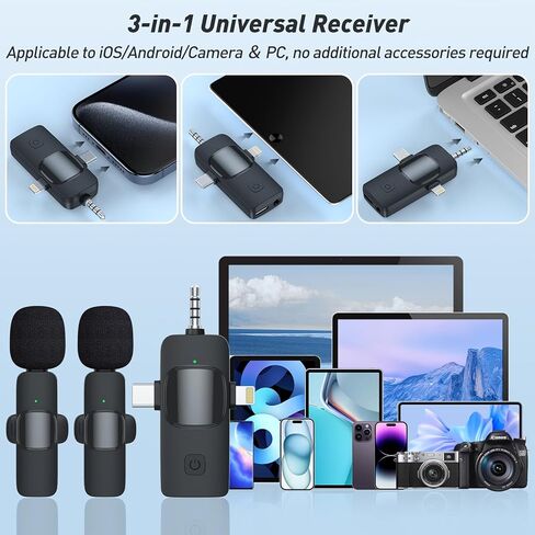 ميكروفون لاسلكي 3 في 1 لأجهزة iPhone، وiPad، وAndroid، والكاميرا، والميكروفونات الصغيرة USB C، ووقت العمل 12 ساعة، وميكروفون Lavalier لمدونات الفيديو، والبودكاست، وTikTok، واليوتيوب in Kuwait
