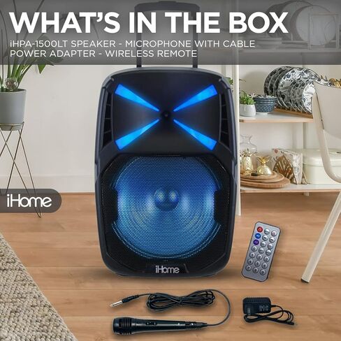 iHome iHPA-800LT لاسلكي قابل للشحن بلوتوث محمول للحفلات المنزلية LED 8 بوصة مكبر صوت 100 واط قوة ضوء كاريوكي آلة PA مكبرات صوت مجموعة ميكروفون للأطفال والكبار in Kuwait