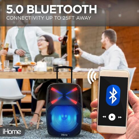 iHome iHPA-800LT لاسلكي قابل للشحن بلوتوث محمول للحفلات المنزلية LED 8 بوصة مكبر صوت 100 واط قوة ضوء كاريوكي آلة PA مكبرات صوت مجموعة ميكروفون للأطفال والكبار in Kuwait