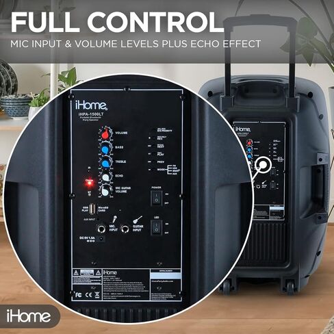 iHome iHPA-800LT لاسلكي قابل للشحن بلوتوث محمول للحفلات المنزلية LED 8 بوصة مكبر صوت 100 واط قوة ضوء كاريوكي آلة PA مكبرات صوت مجموعة ميكروفون للأطفال والكبار in Kuwait