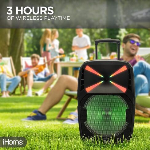 iHome iHPA-800LT لاسلكي قابل للشحن بلوتوث محمول للحفلات المنزلية LED 8 بوصة مكبر صوت 100 واط قوة ضوء كاريوكي آلة PA مكبرات صوت مجموعة ميكروفون للأطفال والكبار in Kuwait