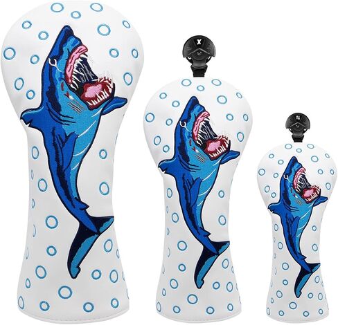 Big Shark Golf Club Covers, White Leather Golf Driver, Fairway, Hybrid Cover, Mallet/Blade Putter Head Cover Headcover Magnetic, 6 Models Available in Saudi Arabia