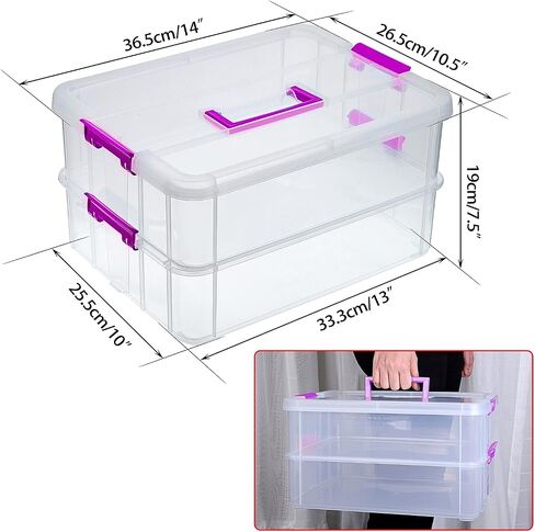 JUXYES 2-Tiers Stack Carry Storage Box With Handle, Transparent Stackable Storage Bin With Handle Lid Latching Storage Container for School & Office Supplies in Saudi Arabia