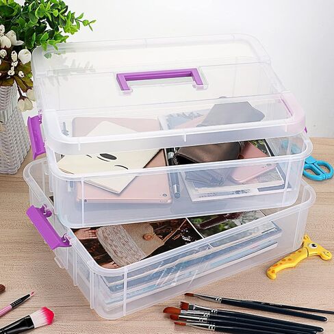 JUXYES 2-Tiers Stack Carry Storage Box With Handle, Transparent Stackable Storage Bin With Handle Lid Latching Storage Container for School & Office Supplies in Saudi Arabia