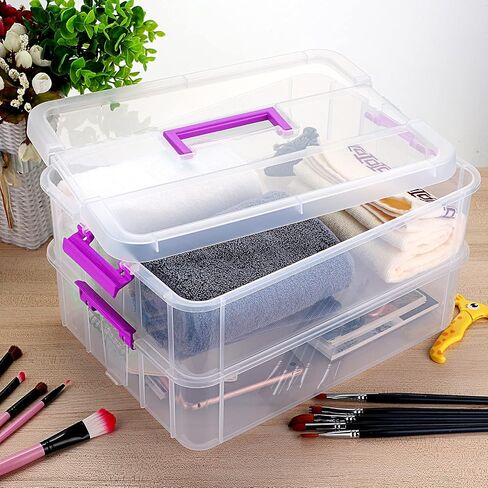 JUXYES 2-Tiers Stack Carry Storage Box With Handle, Transparent Stackable Storage Bin With Handle Lid Latching Storage Container for School & Office Supplies in Saudi Arabia