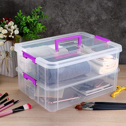 JUXYES 2-Tiers Stack Carry Storage Box With Handle, Transparent Stackable Storage Bin With Handle Lid Latching Storage Container for School & Office Supplies in Saudi Arabia