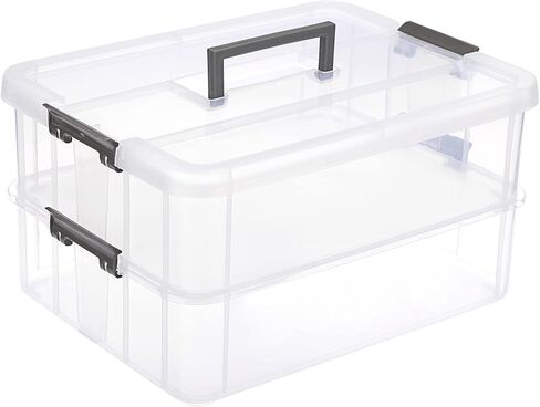 JUXYES 2-Tiers Stack Carry Storage Box With Handle, Transparent Stackable Storage Bin With Handle Lid Latching Storage Container for School & Office Supplies in Saudi Arabia