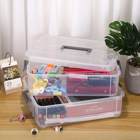 JUXYES 2-Tiers Stack Carry Storage Box With Handle, Transparent Stackable Storage Bin With Handle Lid Latching Storage Container for School & Office Supplies in Saudi Arabia