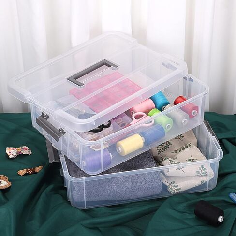 JUXYES 2-Tiers Stack Carry Storage Box With Handle, Transparent Stackable Storage Bin With Handle Lid Latching Storage Container for School & Office Supplies in Saudi Arabia