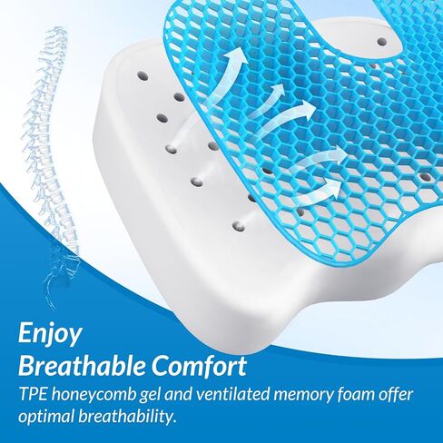 ZIKEE Office Seat Cushion with TPE Gel, Enhances Ventilation & Support Memory Foam Cushion for Sciatica, Back, Tailbone Pain Relief, Long Sitting on Office Desk Chairs, Wheelchairs in Kuwait