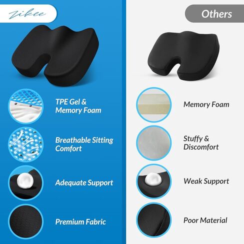 ZIKEE Office Seat Cushion with TPE Gel, Enhances Ventilation & Support Memory Foam Cushion for Sciatica, Back, Tailbone Pain Relief, Long Sitting on Office Desk Chairs, Wheelchairs in Kuwait