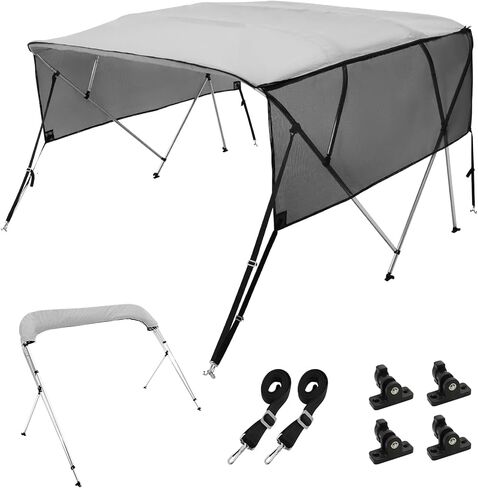 غطاء قارب VEVOR 4 Bow / 3 Bow Bimini العلوي، جدران جانبية شبكية قابلة للفصل، مظلة بوليستر 600D مع إطار من سبائك الألومنيوم مقاس 1 بوصة، يتضمن صندوق تخزين، قطبين دعم، شريطين، رمادي فاتح in Saudi Arabia
