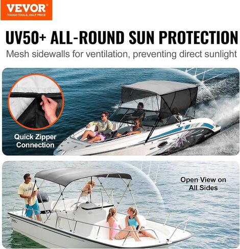 غطاء قارب VEVOR 4 Bow / 3 Bow Bimini العلوي، جدران جانبية شبكية قابلة للفصل، مظلة بوليستر 600D مع إطار من سبائك الألومنيوم مقاس 1 بوصة، يتضمن صندوق تخزين، قطبين دعم، شريطين، رمادي فاتح in Saudi Arabia