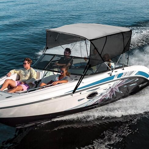 غطاء قارب VEVOR 4 Bow / 3 Bow Bimini العلوي، جدران جانبية شبكية قابلة للفصل، مظلة بوليستر 600D مع إطار من سبائك الألومنيوم مقاس 1 بوصة، يتضمن صندوق تخزين، قطبين دعم، شريطين، رمادي فاتح in Saudi Arabia