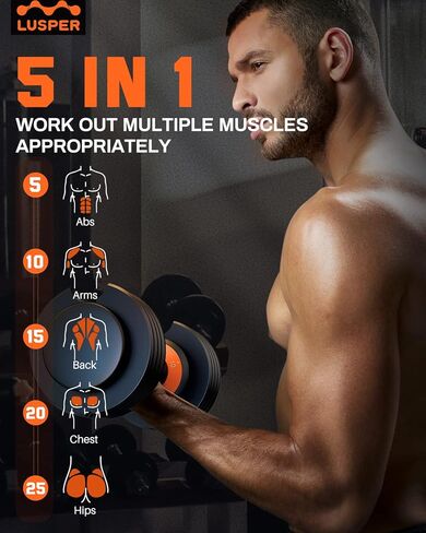 دمبل لوسبر قابل للتعديل، وزن 25 رطل قابل للتعديل، دمبل قابل للتعديل بسرعة 1 ثانية، أوزان مجانية 5 في 1 مع مقبض معدني مضاد للانزلاق، معدات تمرين الصالة الرياضية المنزلية للرجال والنساء in Kuwait
