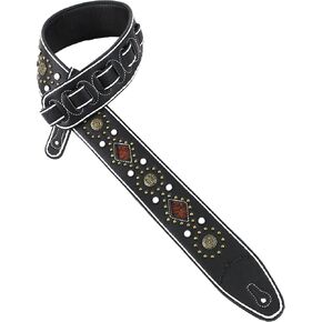 Walker And Williams GTR-20-WHT Sedona Special Premium Black Padded Guitar Strap With White Stitching Brass Studs & Rivets For Acoustic, Electric, And Bass Guitars