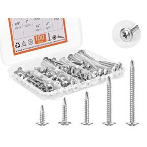 100PCS Premium #8 TESPAN SESSPER SCREFT KIT ، 410 مسامير معدنية من الفولاذ المقاوم للصدأ ، #8 × 1/2 " - 2" مسامير حفر ذاتية للمعادن ، رأس الجمالون
