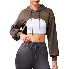 OYOANGLE Women's Long Sleeve Cropped Hoodie Workout Gym Drawstring Pullover Hooded Sweatshirts