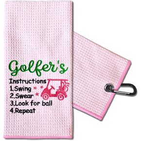 TOUNER Golfers Instructions Embroidered Golf Towels for Golf Bags with Clip, Funny Pink Golf Towel Gifts for Sister Women Neighbor Mom, Golf Accessories for Women, Thank You Christmas Birthday Gifts