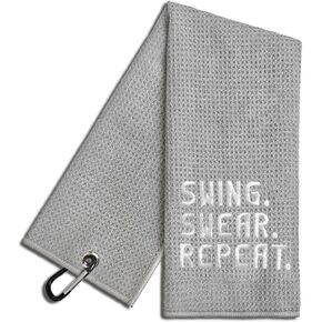 Swing Swear Repeat Grey Embroidered Golf Towel, Funny Golf Towel for Golf Bag with Clip, Golf Accessories for Men Women, Birthday Retirement Gift for Grandpa Golfer Dad Brother Golf Lover