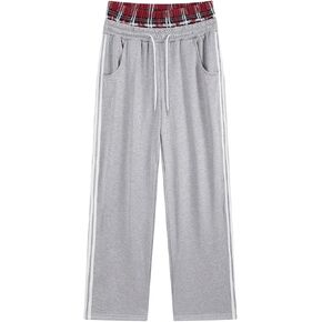 WDIRARA Men's Plaid Patchwork Drawstring Track Pants Side Striped Straight Leg Sweatpants with Pockets