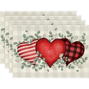 Artoid Mode Buffalo Plaid Eucalyptus Hearts Valentine's Day Placemats Set of 4, 12x18 Inch Wedding Holiday Table Mats for Party Kitchen Dining Decoration