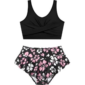 Girls Swimsuit Girls Bathing Suit Size 8-10 Tropical Print Criss Cross Bikini Set with Ruffle Hem Bathing Suits for Girls Girls Swimsuit Size 10 Two Piece Black