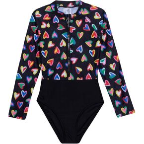 Gottex Girls Kids Toddler and Little Hearts Rainbow Print Rash Guard One Piece Long Sleeve Swimsuit