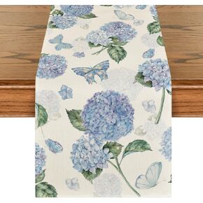 Artoid Mode Hydrangea Butterfly Summer Table Runner, Seasonal Spring Holiday Kitchen Dining Table Decoration for Home Party Indoor 13x72 Inch